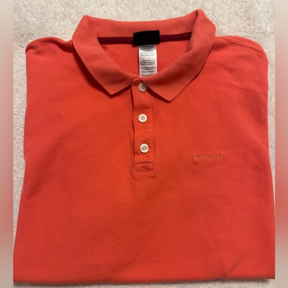 Patagonia‎ Men Large Polo Shirt Organic Cotton Orange Coral Short Sleeve